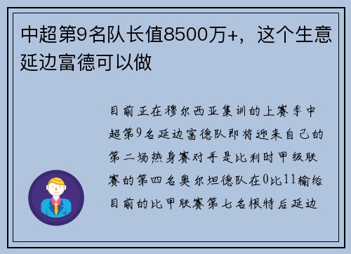 中超第9名队长值8500万+，这个生意延边富德可以做